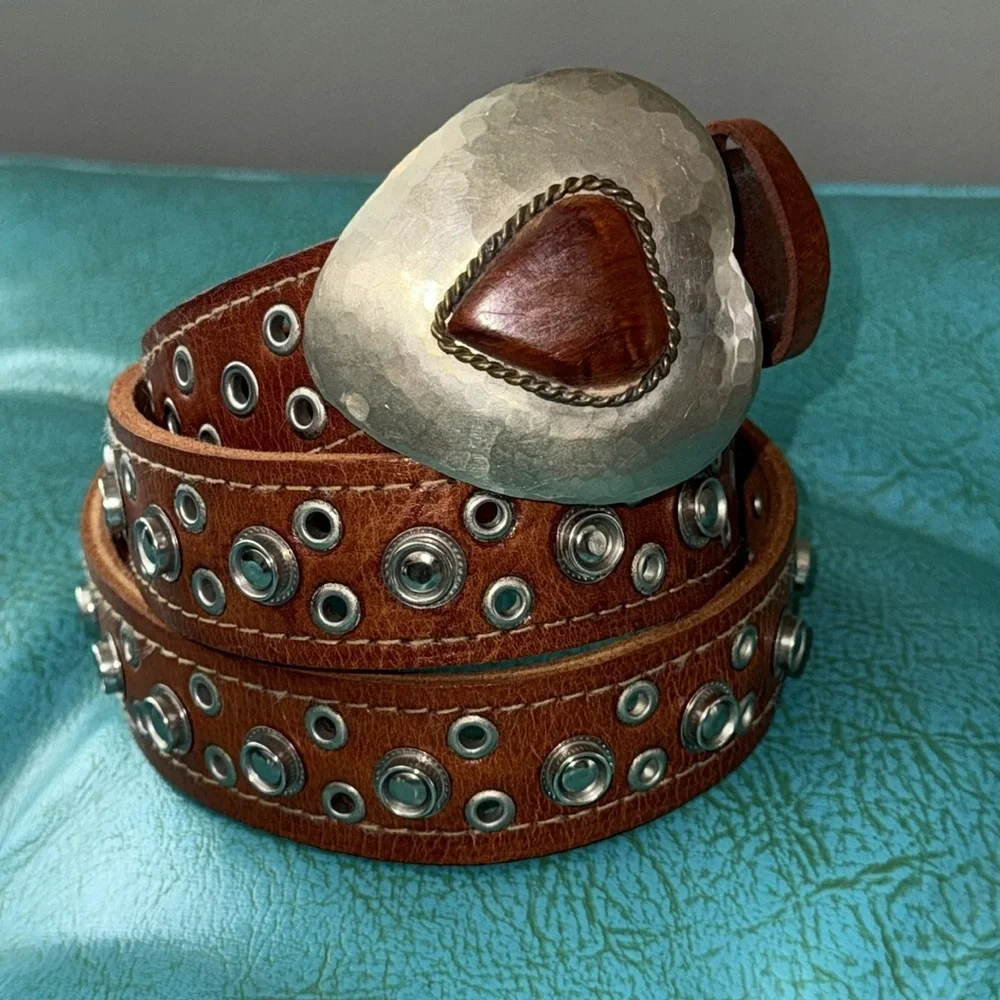 Chicos brown leather studded belt with hammered silver tone heart buckle M/L